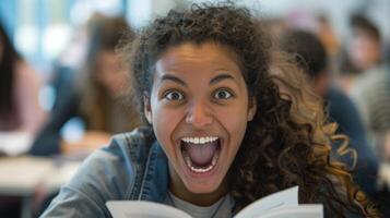 un de cerca de un estudiantes cara lleno con emoción y determinación como ellos exitosamente completar un práctico examen durante Certificación. foto