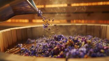 Handfuls of dried herbs and flowers being poured into the saunas steam outlet releasing a gentle floral fragrance. photo