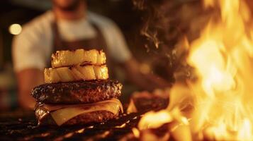 Thick slices of pineapple caramelized and bursting with flavor sit atop a burger patty that has been perfectly seared and seasoned. In the backdrop a pitmaster watches ove photo