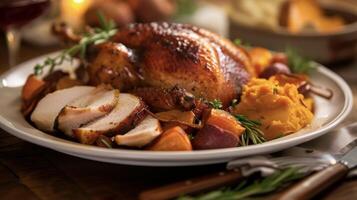 A mouthwatering plate of roast turkey glazed with a sweet and savory glaze takes center stage at the dining table. Accompanied by roasted vegetables and velvety smooth swee photo