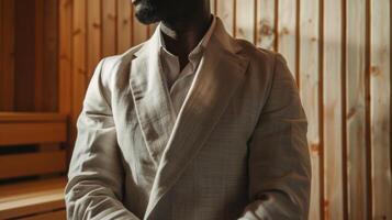 A man dressed in a lightweight linen suit for a dapper and modern twist on traditional sauna attire. photo