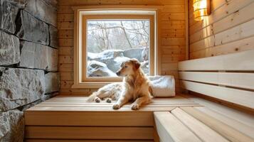 un elegante sauna con un mascota amigable ventana para peludo amigos a ojeada en y ver su propietarios relajante adentro. foto