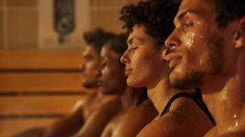 A group of people participating in a sauna session together with a banner in the background promoting the importance of staying hydrated. photo