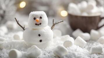 This adorable marshmallow snowman is ready to be devoured with a cup of hot cocoa and a pile of fluffy white marshmallows in the background photo