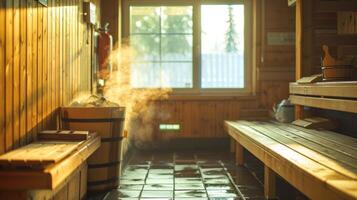 The invigorating feeling of stepping out of the sauna and braving the cold air feeling refreshed and recharged. photo