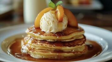 A stack of fluffy pancakes topped with grilled peaches a generous scoop of vanilla ice cream and a drizzle of caramel sauce. The combination of warm caramelized peaches an photo