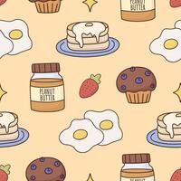 breakfast food seamless pattern, pancakes, muffin with berries, fried egg, peanut butter, strawberry, hand drawn colorful design, repeating illustration for print, wrapping paper, backgrounds and more vector