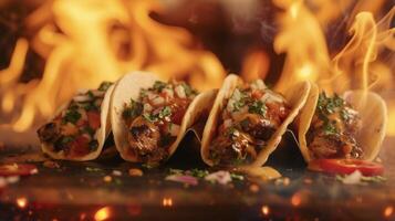 These tacos are on fire Watch as the juicy meat is grilled to perfection and topped with a fiery blend of herbs and es all while flames rage in the background photo