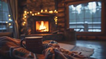 Background A cozy log cabin with a crackling fireplace and hot cocoa in hand photo