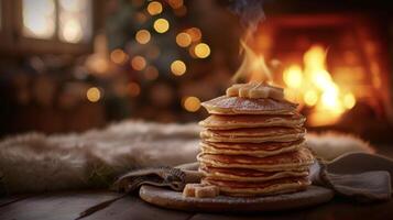 A stack of pancakes so sweet and snugly its almost like they were made just for you. With the flickering flames of a fire in the background these adorable pancakes are th photo