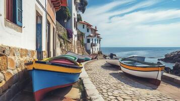 Background Enjoying a day of sightseeing at a historical coastal town with quaint cobblestone streets and docked fishing boats photo