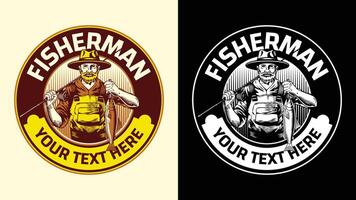 Old Fisherman Catching Fish Logo Vintage Style vector