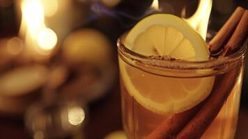 The perfect drink to warm you up on a chilly evening a blazing hot toddy with a twist. The flaming cinnamon stick adds a touch of drama to the clic combination of bourbo photo