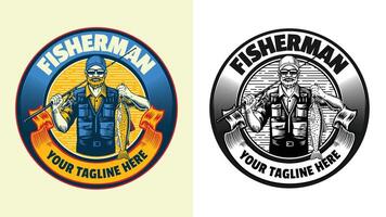 Fisherman Catching Trout Fish Badge Logo Design vector