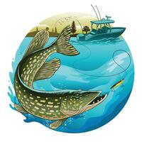 Fishing Boat Catching Pike Fish Colorful Design vector