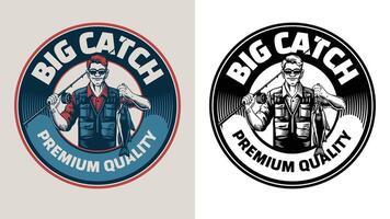 Happy Fisherman Badge Design Logo with Big Catfish vector