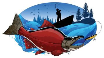 pescador atrapando salmón rojo salmón pescado ilustración vector