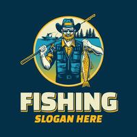Vintage Fisherman Catching Fish Logo Template vector