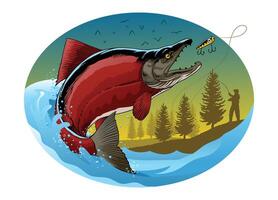 rojo salmón atrapando pescar señuelo diseño ilustración vector