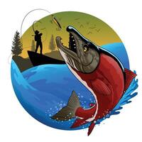 Fisherman Catching Sockeye Salmon Colored Illustration vector