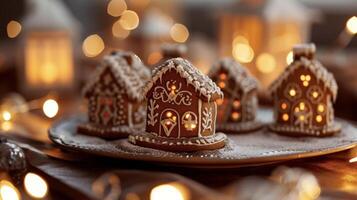 These bitesized gingerbread houses are almost too e to eat. Each one is crafted with intricate details and p on a plate evoking thoughts of cozy winter nights by the fire photo