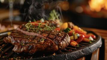 A hearty dish of grilled steak still smoking from the open hearth paired with a warmly roasted vegetable medley a perfect balance of smoky and savory photo