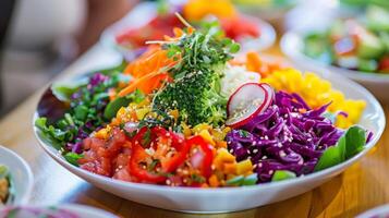 A plate of colorful nutrientrich meals served at a healthy cafe advertising a detox and cleanse program that incorporates daily infrared sauna use. photo