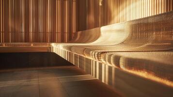 un Moda diseñador ds lujoso telas terminado sauna bancos utilizando el reflexivo calor a experimentar con re y texturas para su último recopilación. foto