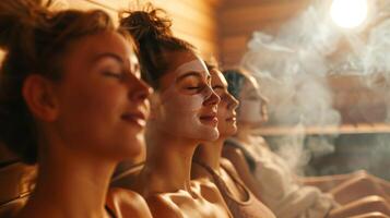 A group of friends sitting in a sauna all wearing facial steam masks and inhaling the detoxifying herbal vapors while discussing the benefits of infrared therapy on their respiratory photo