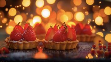 Bursting with the flavors of sunrid fruits these firekissed tarts are a delicious blend of sweet and tangy. The crackling fire in the background adds a touch of warmth t photo