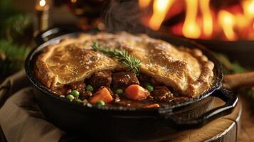 A medley of savory flavors awaits in this traditional beef pot pie. Served hot the ery crust is filled with tender beef carrots and peas all mixed in a rich and savory gravy photo