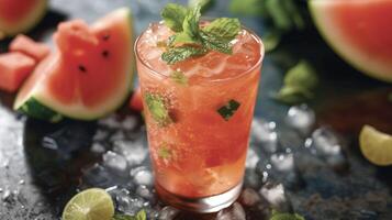 A tropical eruption of flavor in the form of a volcano watermelon cooler. Filled with chunks of juicy watermelon and a hint of e this drink is sure to cool down even the hottes photo