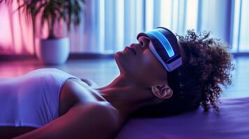 A person lying down on a yoga mat eyes closed visualizing themselves in a virtual sauna to enhance their virtual experience. photo