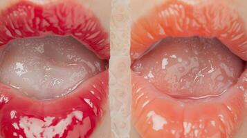 A comparison photo of a dehydrated and hydrated tongue indicating the effects of lack of water on oral health.