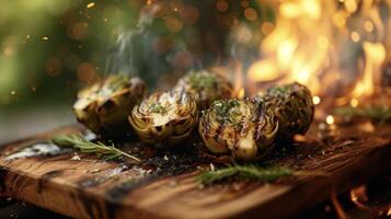 A mouthwatering dish of woodfired artichokes grilled to a perfect golden brown and p on a wooden board. Perfectly charred skin reveals a tender smoky interior ready to b photo