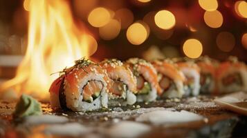 Enjoy a heartwarming meal of sushi rolls decorated with fanciful sea creature designs surrounded by the cozy ambiance of a crackling fireplace photo