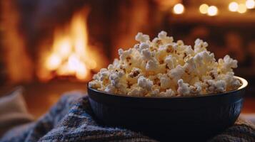 The fires glow casts a warm light on the bowl of fluffy popcorn making it the perfect accompaniment to snuggle up with for a movie night photo