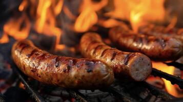 Golden brown sausage links fresh off the grill and bursting with mouthwatering juices set against the backdrop of glowing fire embers photo