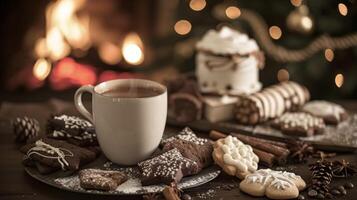 As the snow falls outside theres nothing more inviting than a steaming cup of cocoa and an array of decadent cookies. The rich aroma of chocolate and the crackling fire i photo