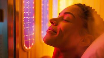 A woman taking a break from a busy day to relax and detox in an infrared sauna as part of her personalized cleanse program. photo