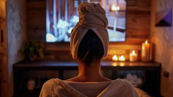 A person sitting in front of a computer screen dressed in a towel with a virtual sauna session playing in the background. photo