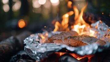 Gathered around the campfire enjoy a rustic culinary experience with foil packets of succulent salmon simmering in delicious juices amidst the crackling fire photo