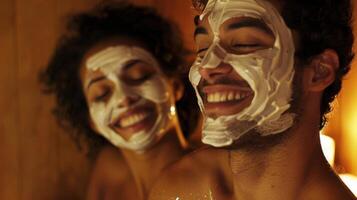 un Pareja sonrisas como ellos aplicar cara mascaras mientras complacer en un relajante sauna sesión. foto