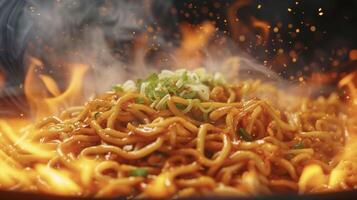 en esta y salteado fideos plato oferta tallarines son arrojado en un flameante caliente salsa y coronado con un espolvorear de Fresco cebolletas el llamas en el antecedentes perfectamente reflec foto