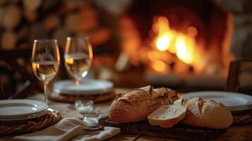 el crujiente otoño aire es complementado por el consolador sabroso oler de recién horneado un pan Derecho fuera de el hogar y sobre el cena mesa foto
