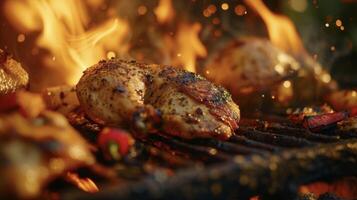 tomando el sol en el ahumado calor de el abierto hogar el A la parrilla pollo absorbe todas de sus intenso sabores cada mordedura estallidos con jugosidad equilibrado por el dulce y sabroso asado foto