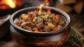 A rustic bowl of stew featuring a rich broth filled with hearty chunks of meat and a medley of colorful vegetables ready to warm you up on a chilly evening by the fire photo