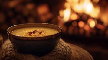 gusto el esencia de un acogedor noche en con un cuenco de casero maíz sopa de pescado hecho con cremoso caldo dulce maíz y un toque de sabroso tocino todas cocinado a fuego lento por el fuego foto