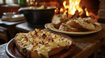 Gather around the fire and savor a plate of toasted bread slathered in a savoury cheese mixture and browned to perfection a quintessential taste of Welsh cuisine photo