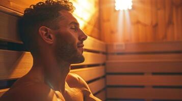 A fitness enthusiast using an infrared sauna as a warmup or recovery od before or after a workout increasing respiratory capacity and oxygen supply during physical activities. photo